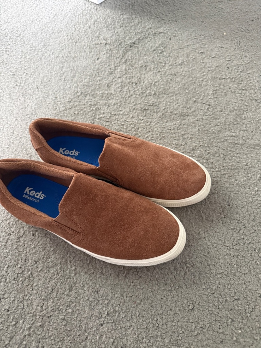 Keds Suede Slip-On Sneakers in Chestnut Brown and White